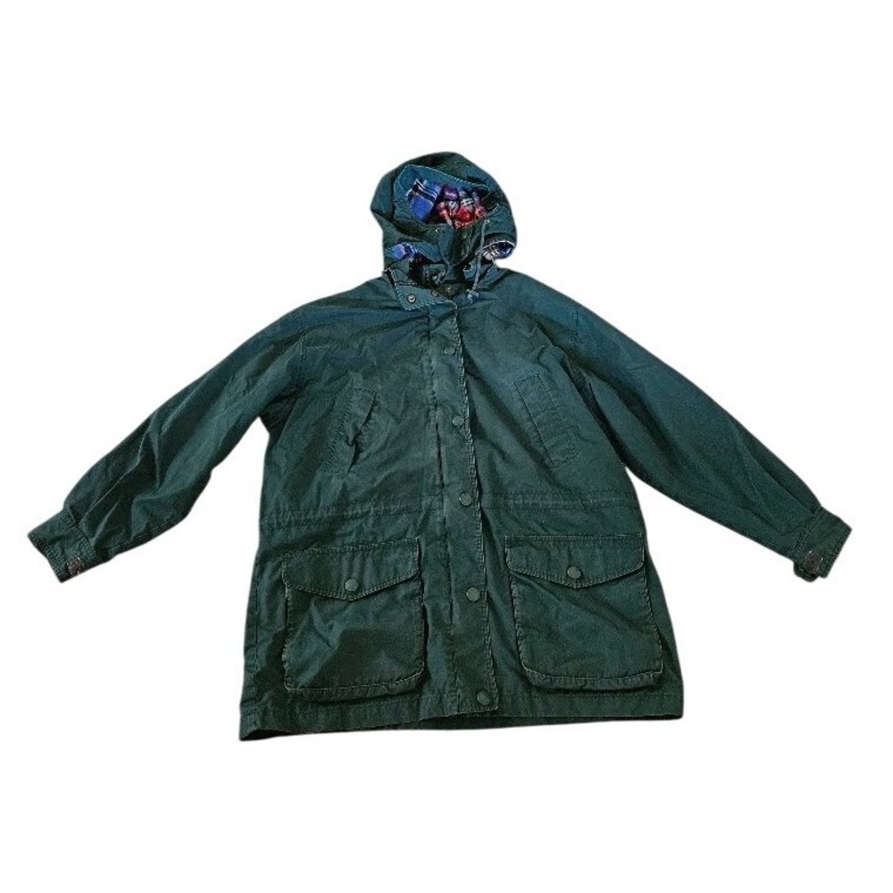 Vintage Eddie Bauer Chore Coat Jacket Green Flannel Lined Hooded Barn Large